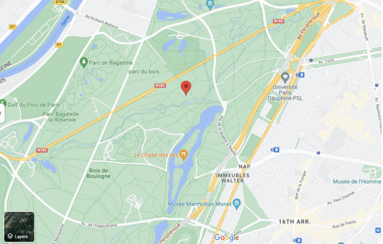 Plan du lieu de rendez-vous : clairière du bois de Boulogne entre le lac et la route N185